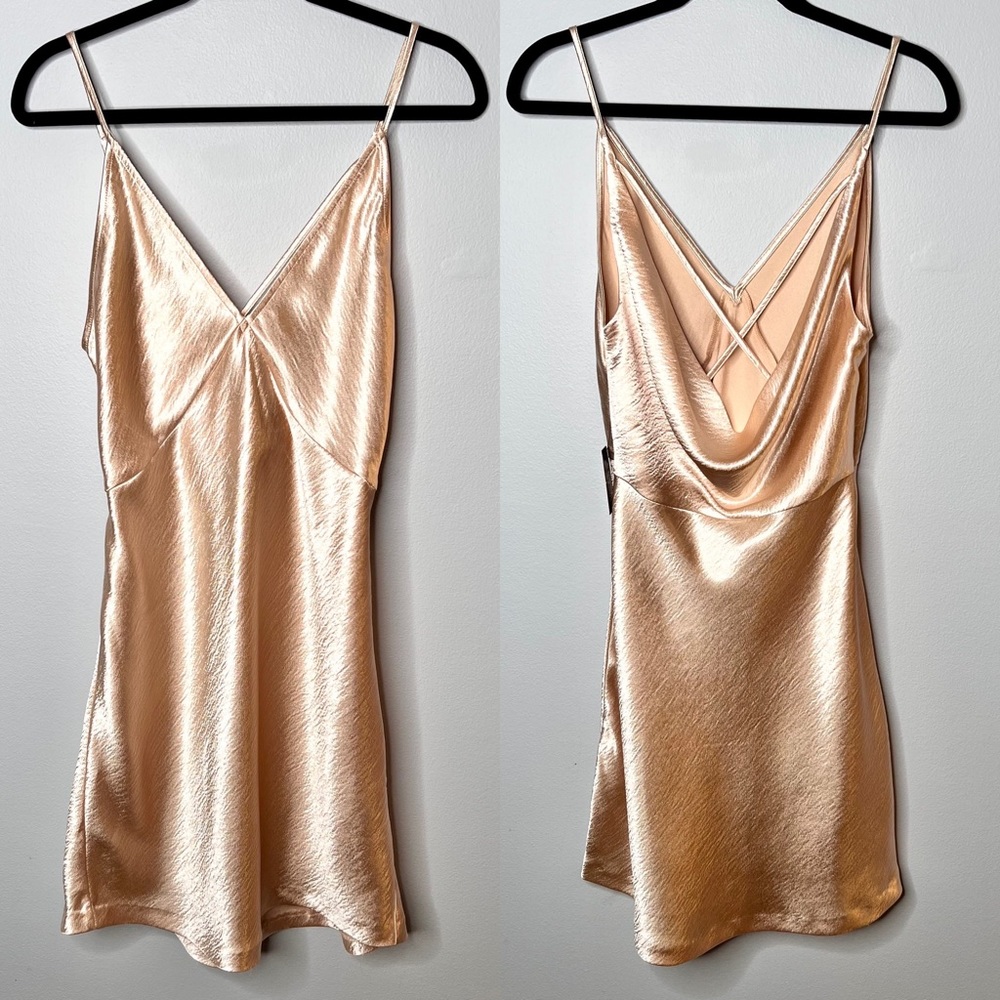 Express Metallic Gold Satiny Cowl-Back Strappy V-Neck Mini Dress Size Medium NWT